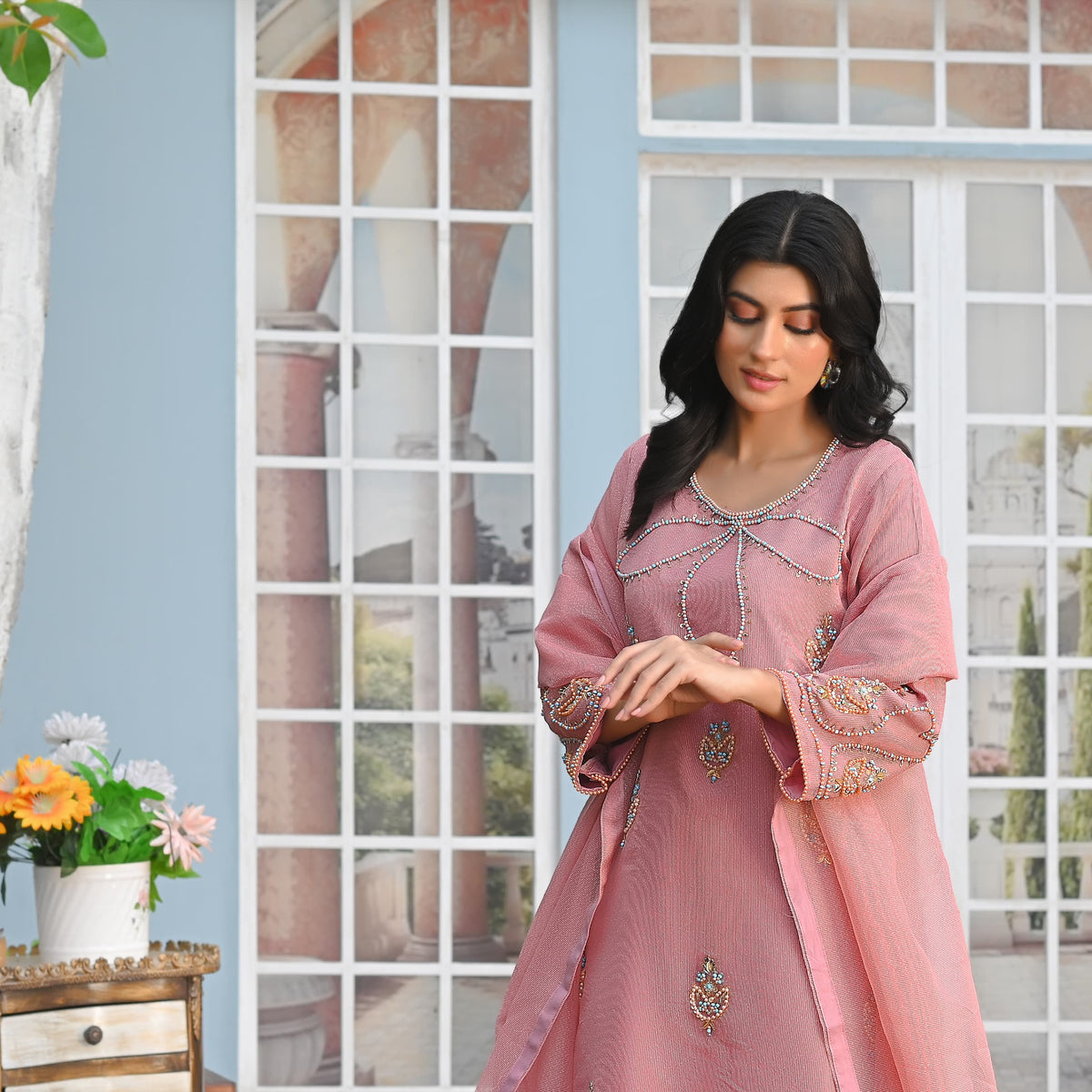 Rang-e-Falak Fancy 3PC Khaddi Net Handmade Tea Pink Colour