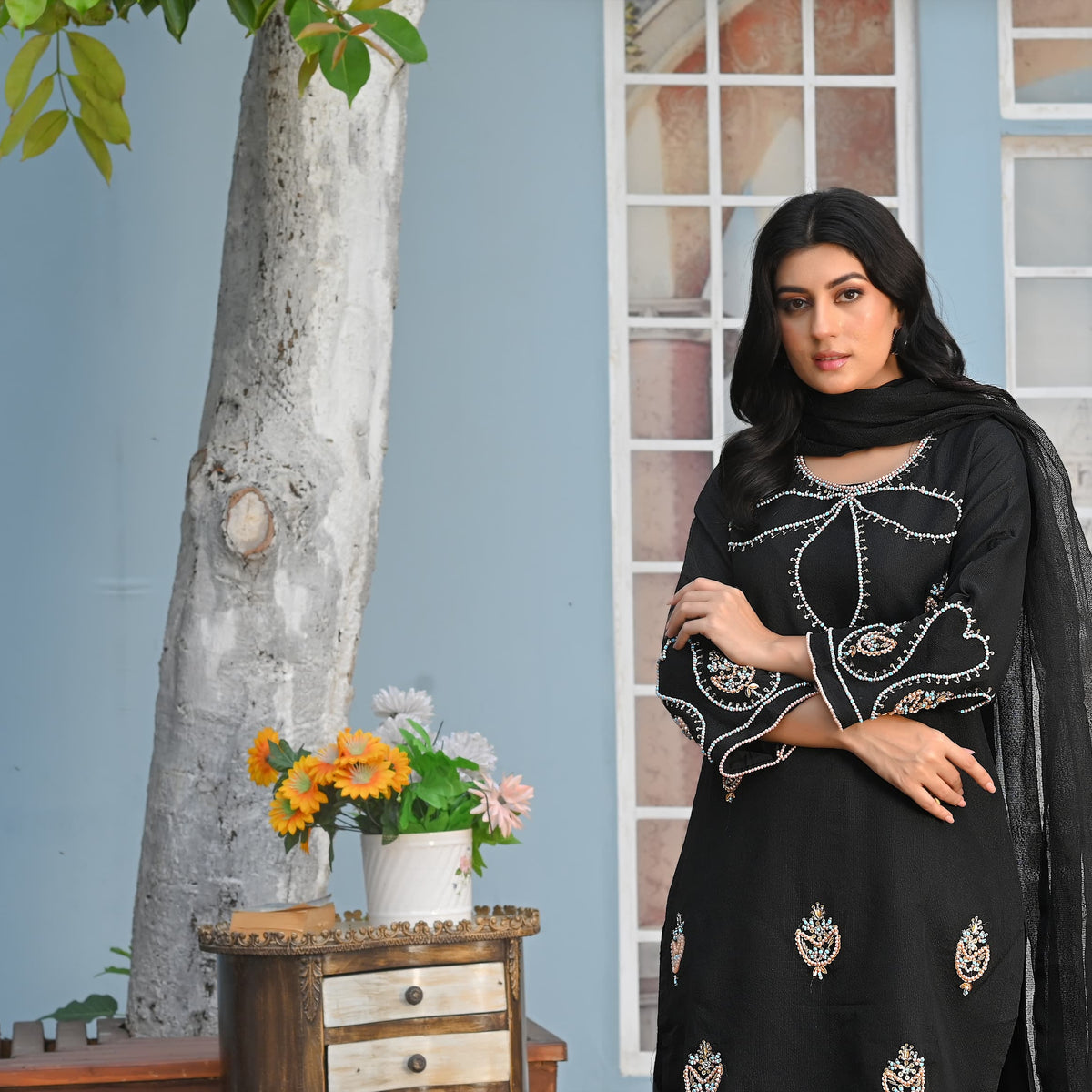 Rang-e-Falak Fancy 3PC Khaddi Net Handmade Black Colour