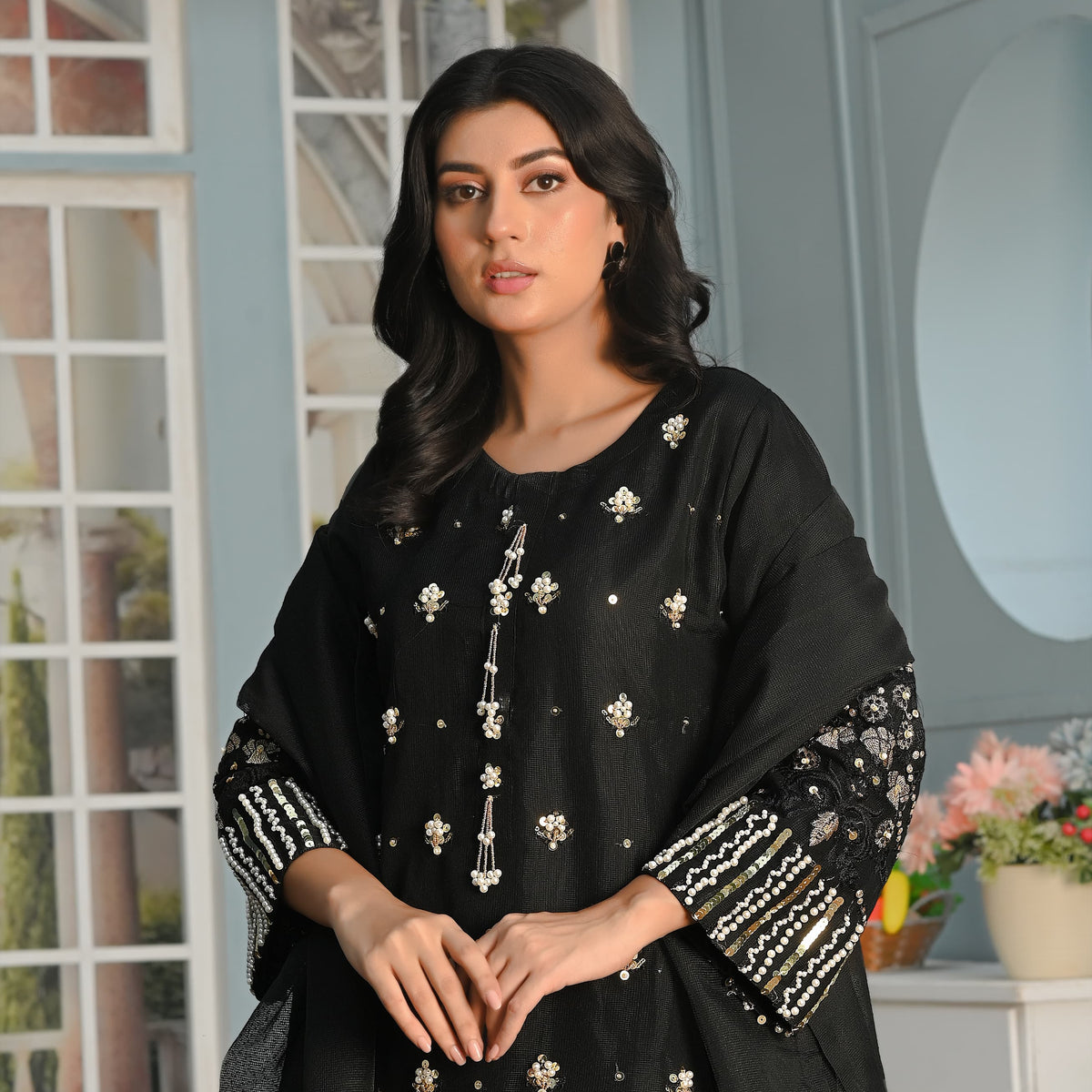 Rang-e-Hunar Fancy 3PC Handmade Embroidered Khaddi Net Black Colour
