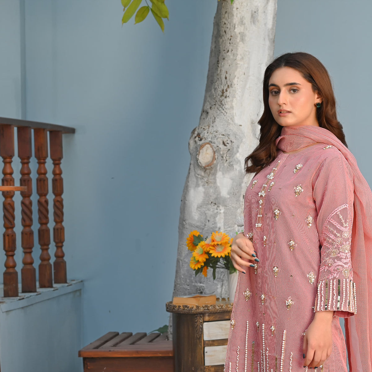 Rang-e-Hunar Fancy 3PC Handmade Embriodered Khaddi Net Tea Pink Colour