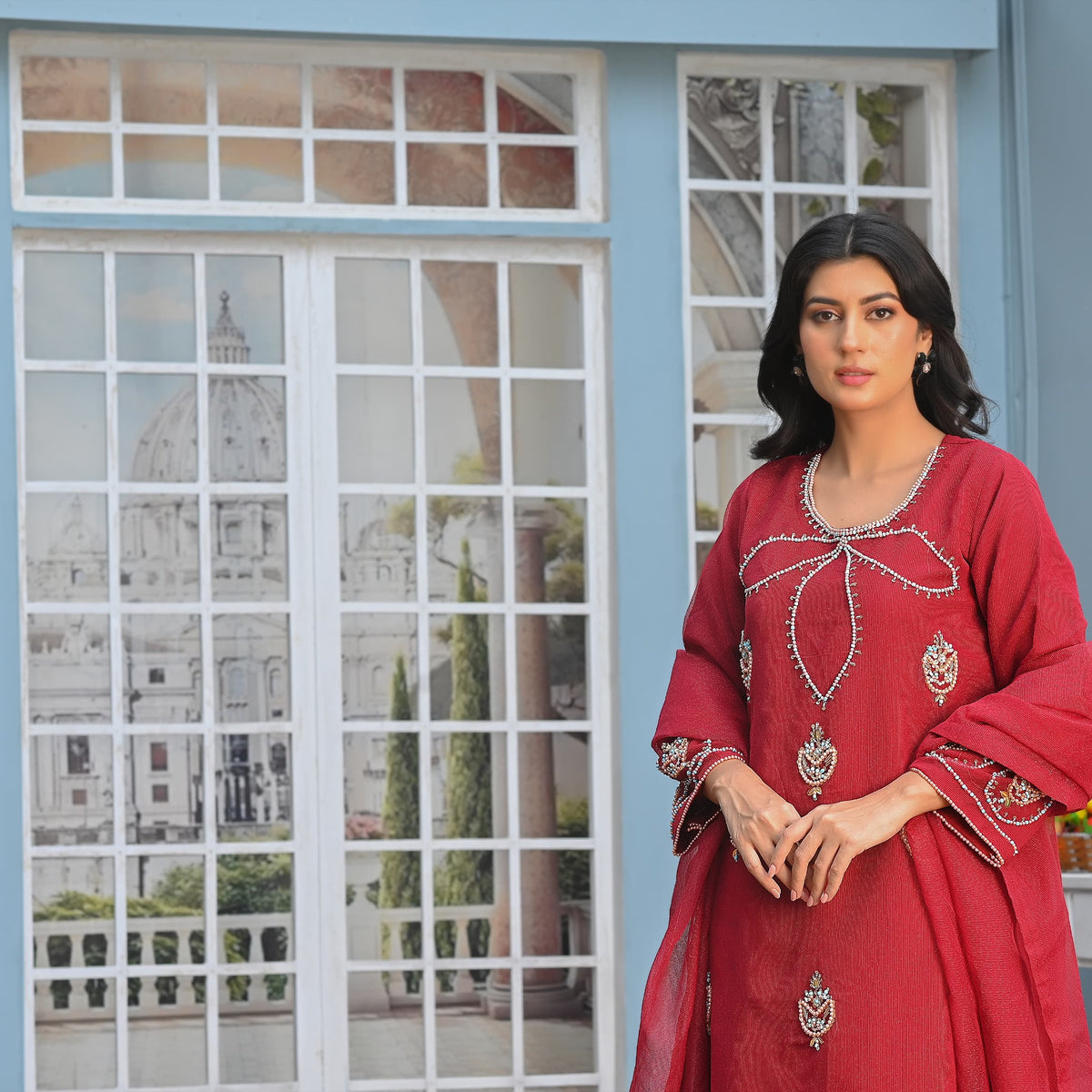 Rang-e-Falak Fancy 3PC Khaddi Net Handmade Mehroon Colour