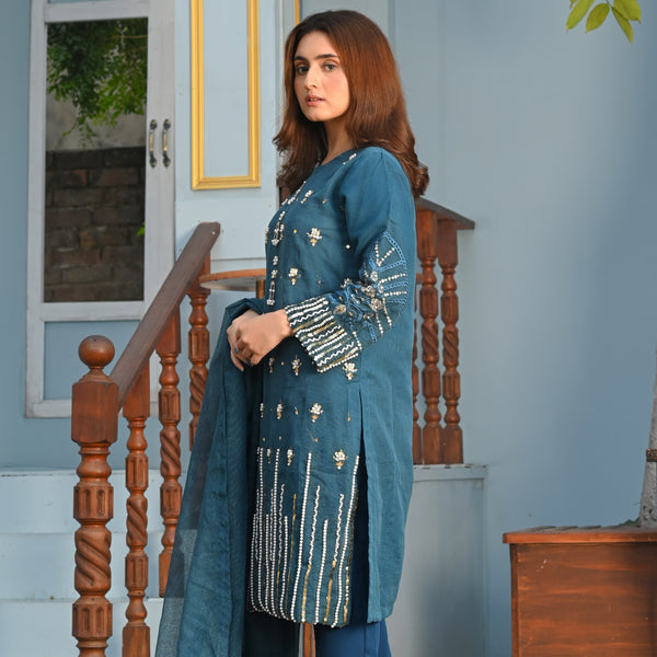 Rang-e-Hunar Fancy 3PC Handmade Embroidered Khaddi Net Zink Colored