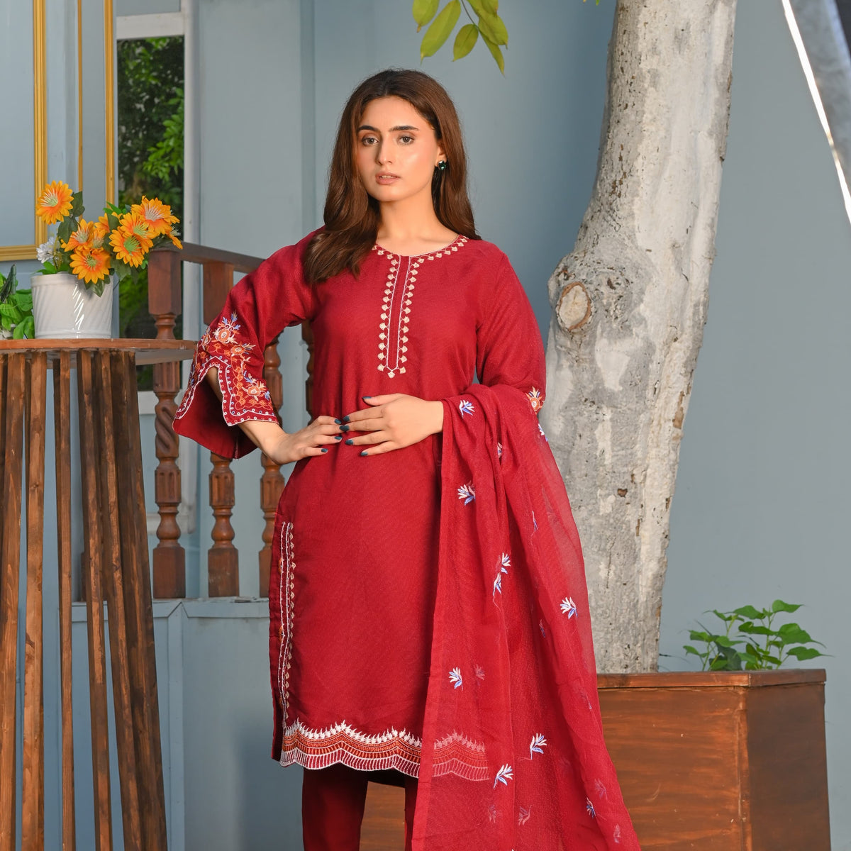 Noor-e-Rang Fancy 3PC Embroidered Khaddi Net Mehroon Colour