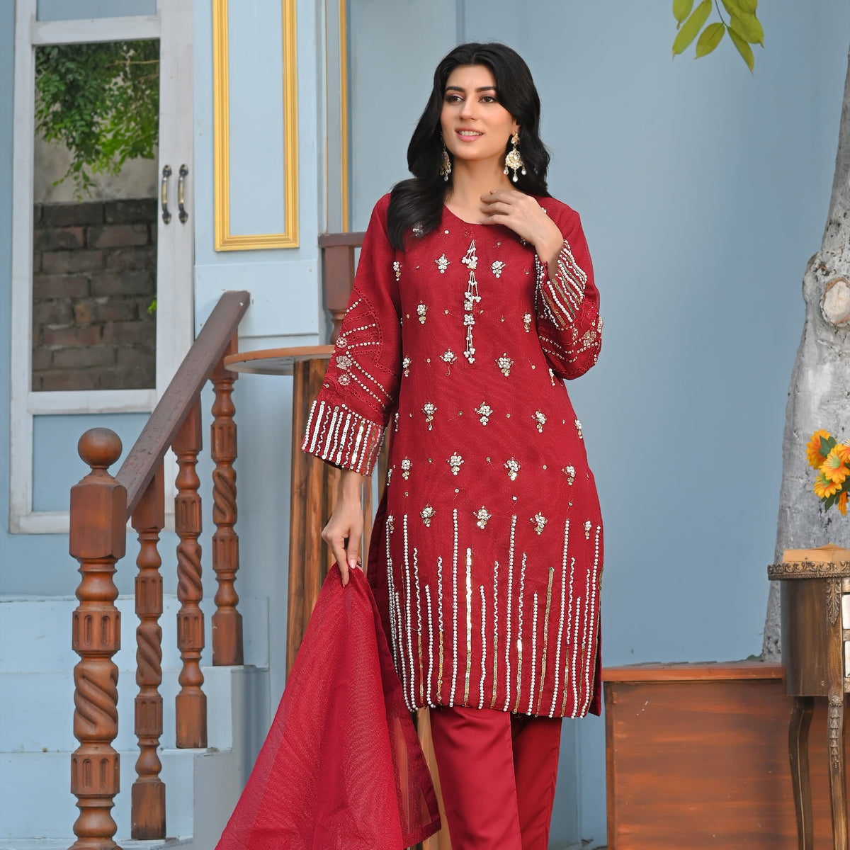 Rang-e-Hunar Fancy 3PC Handmade Embroidered Khaddi Net Mahroon Colored