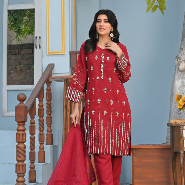 Rang-e-Hunar Fancy 3PC Handmade Embroidered Khaddi Net Mahroon Colored
