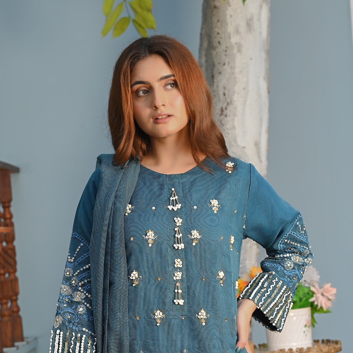 Rang-e-Hunar Fancy 3PC Handmade Embroidered Khaddi Net Zink Colored