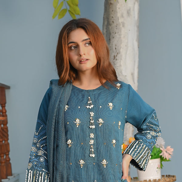 Rang-e-Hunar Fancy 3PC Handmade Embroidered Khaddi Net Zink Colored